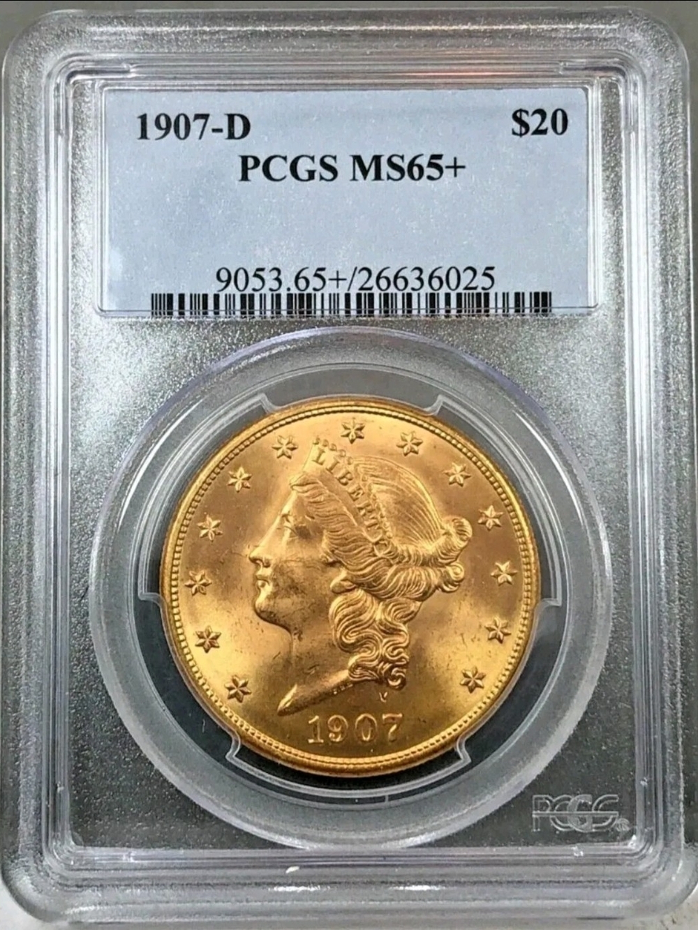 Gold 1907 Liberty Head $20 Double Eagle Coin - Certified MS65+